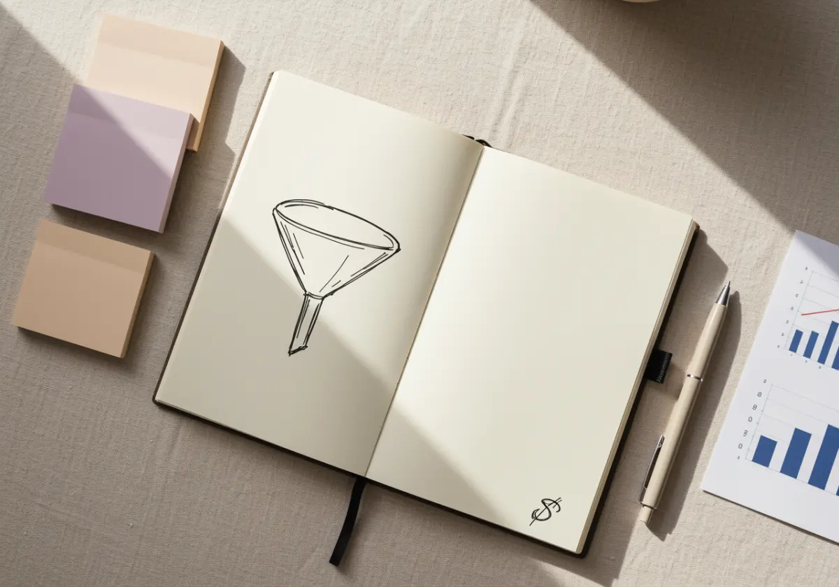 Overhead view of a marketing strategy notebook with a hand-sketched funnel, sticky notes, and printed charts