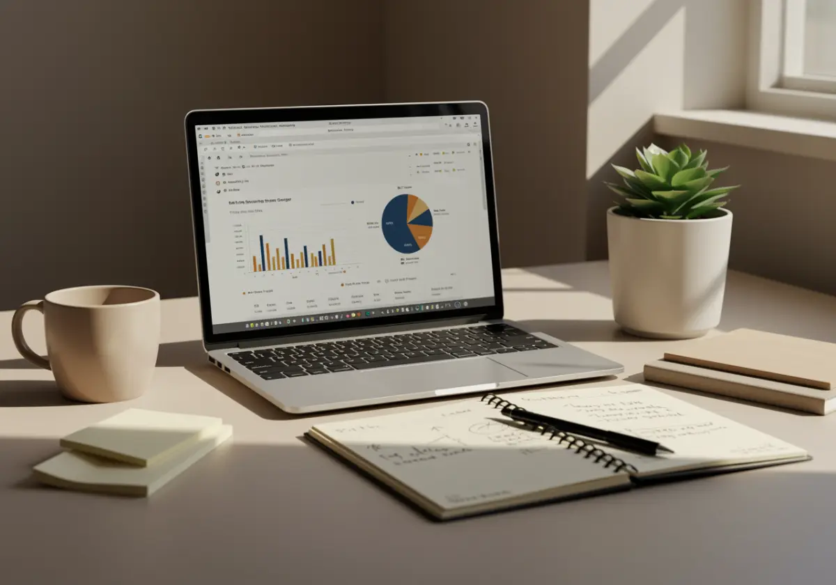 A marketing strategist's workspace: laptop with an analytics dashboard, handwritten notes, and coffee in warm light